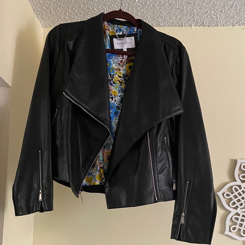 BCBGeneration Faux Black Leather Jacket with Floral Lining